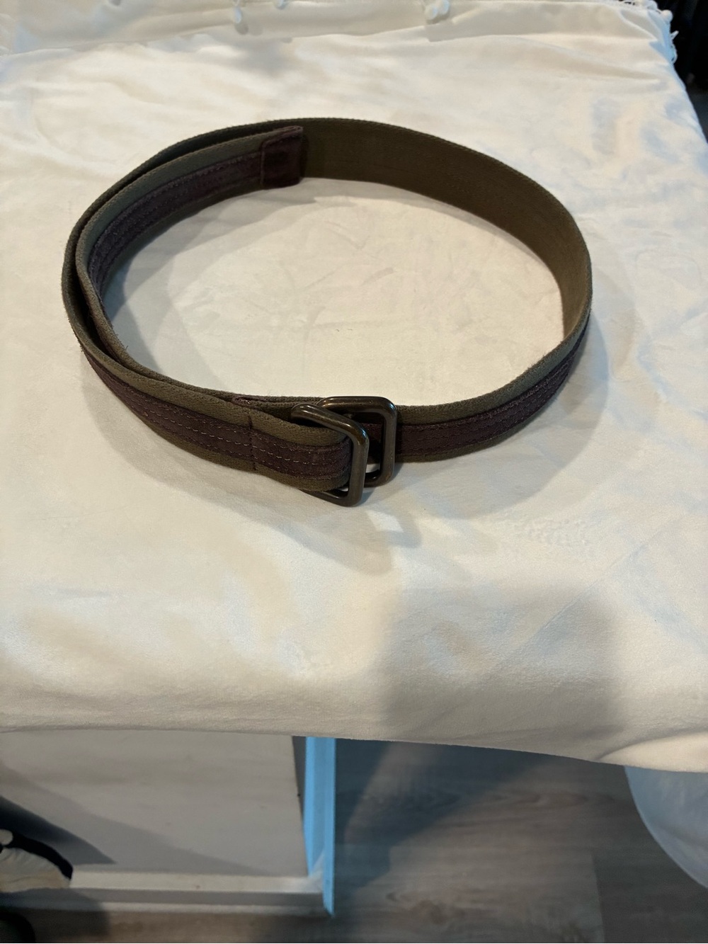 Banana Republic Men’s Canvas  Suede Green/Brown Belt Engraved Logo Buckle OS